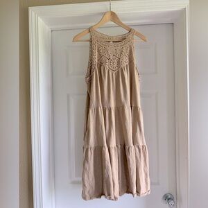Sleeveless Tan Dress with Crochet Lace Detail